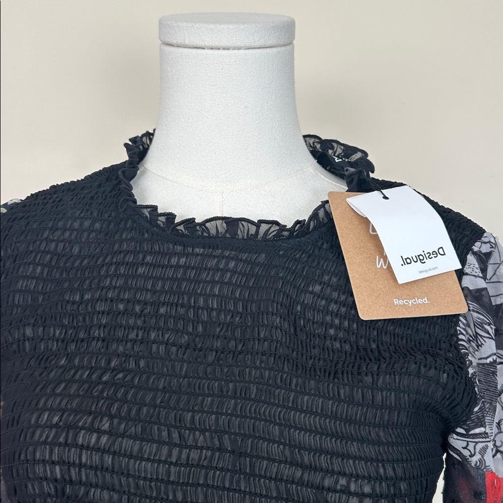 DESIGUAL Sheer Black Floral Sleeve Top size small - Picture 4 of 12
